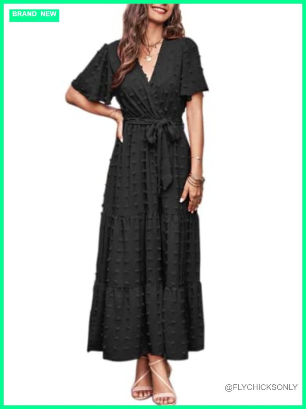 Womens Swiss Dot Maxi Dress Wrap V Neck Flutter Sleeve Tiered Boho Summer